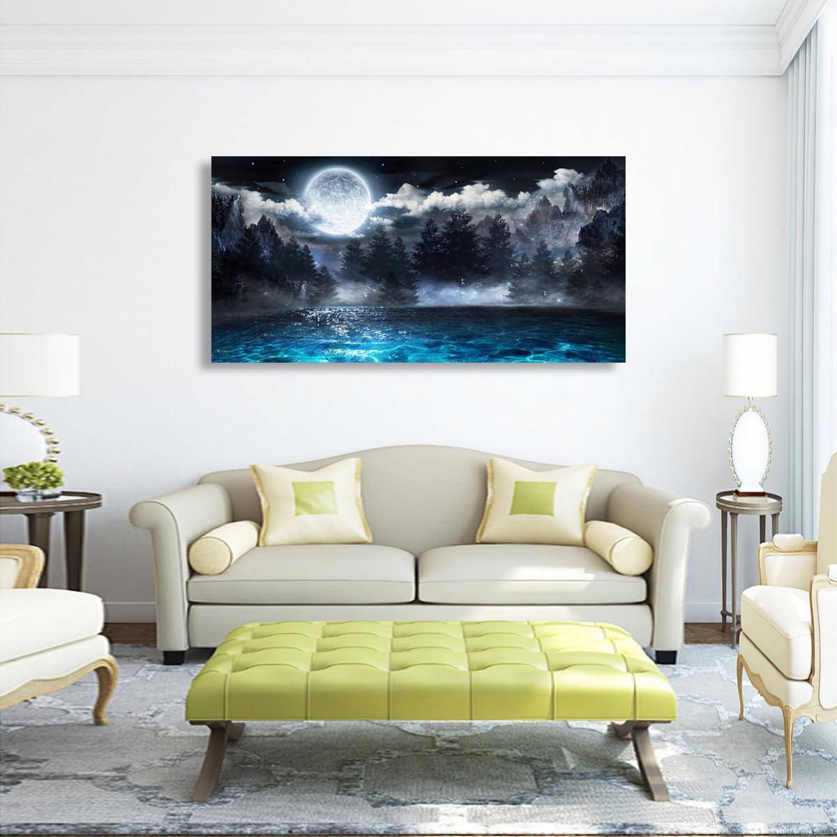 Moon Ocean Pictures Canvas Wall Art for Living room Office Bedroom Wall Decor,Ocean Wall Art Print Paintings Modern Mystery Cloud Forest Blue Lake Artwork Waterproof Ready to Hang-20x40inch - Image 9