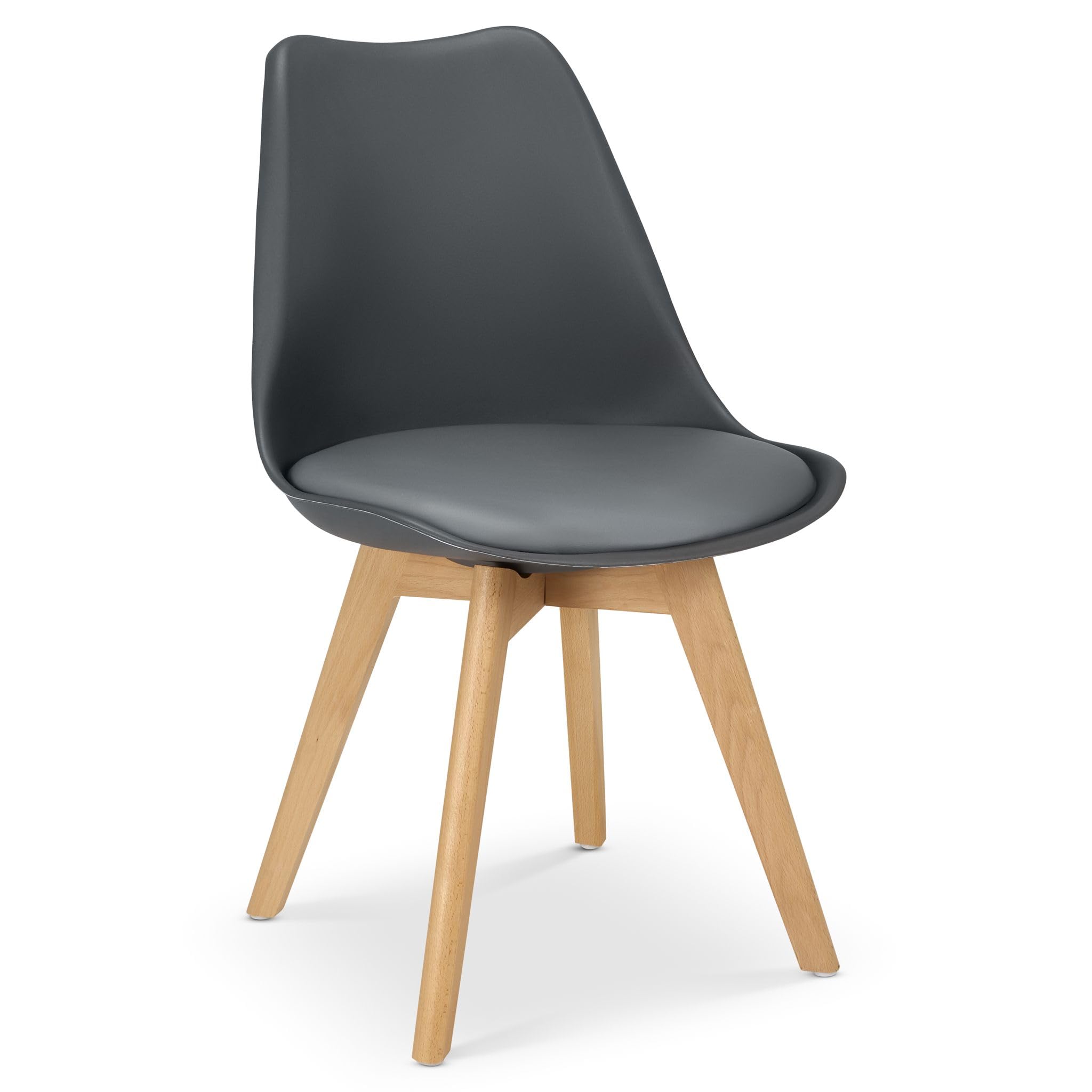 Bravich Rocco Dining Chair with Cushion Pad Seat, Grey Plastic Kitchen Chair with Wooden Legs, Modern Single Accent Chair for Dining Room, Bedroom, Dressing Table and Vanity