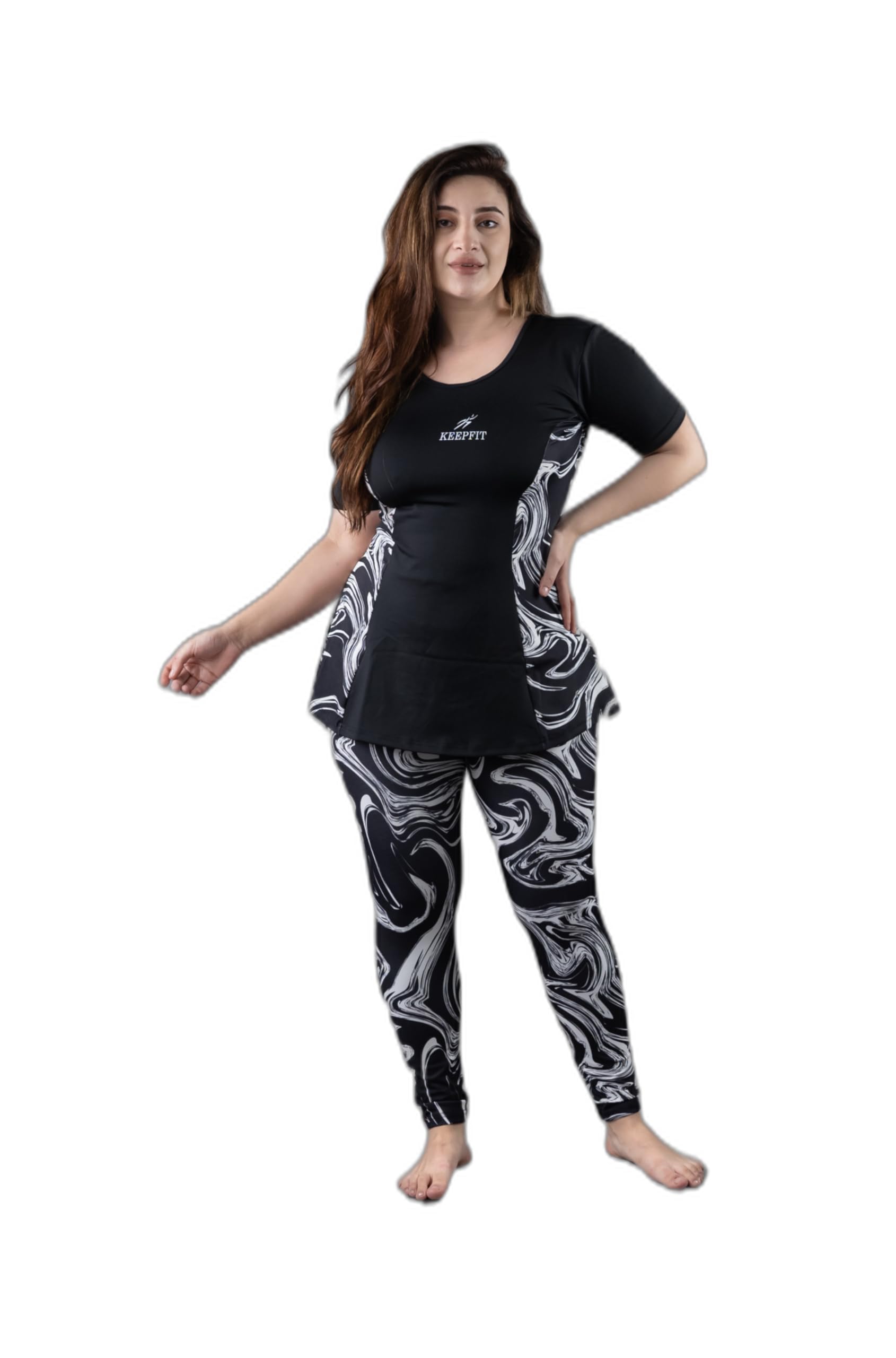 Women's Marble Printed 2-Piece Padded Plus Size Swimset (Black & White)