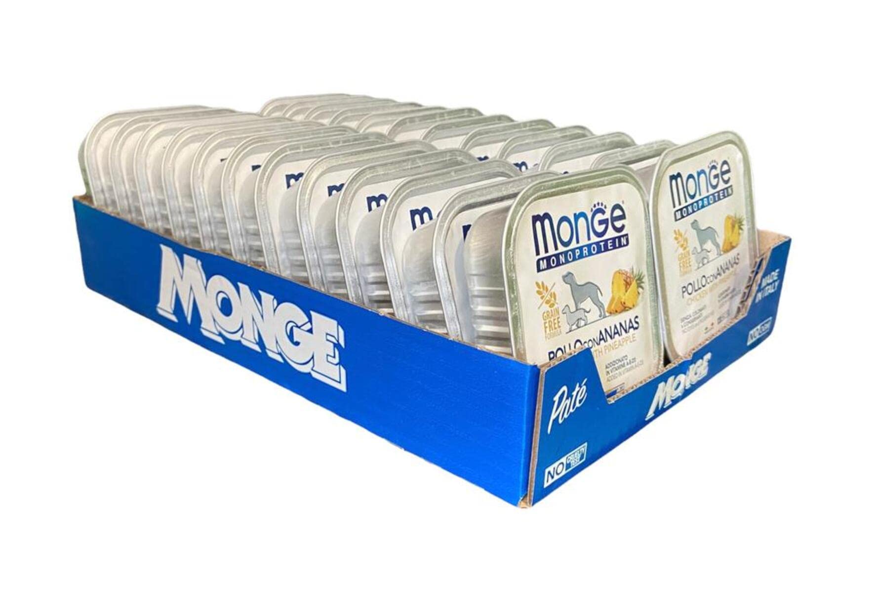 Monge Monoprotein Cibo umido per Cane Pollo con Ananas, naturalmente senza coloranti, conservanti e zuccheri aggiunti. Confezione da 24 vaschette (1 = 150gr.)