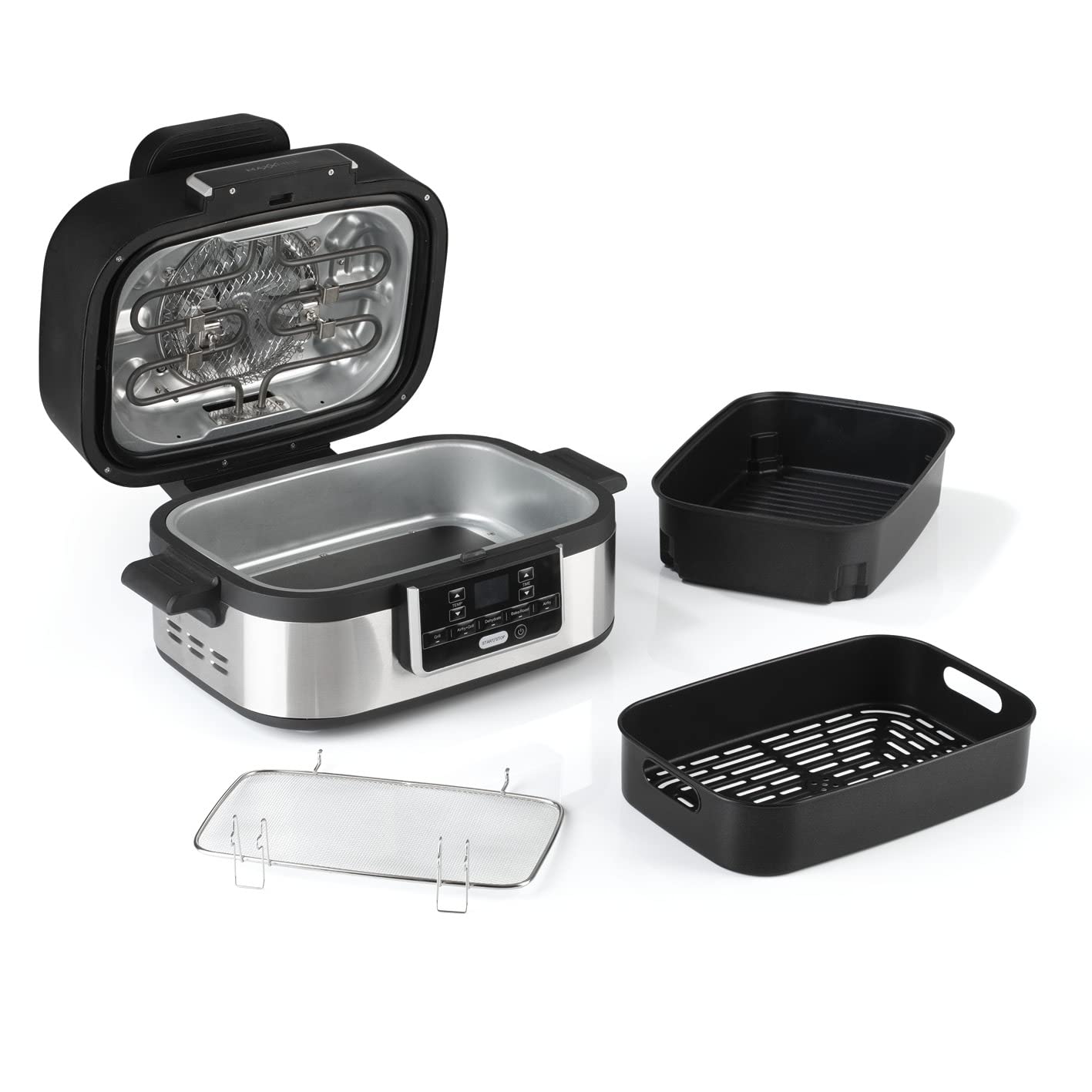 MAXXMEE Multi-Grill mit Heißluft-Funktion 1500w | Ober-/Unterhitze Tischgrill Antihaftbeschichtung | XL Garraum 4,5L zum Perfekten BBQ Look | 5 Programme & LED Display [Schwarz Silber/Kunstoff Stahl]