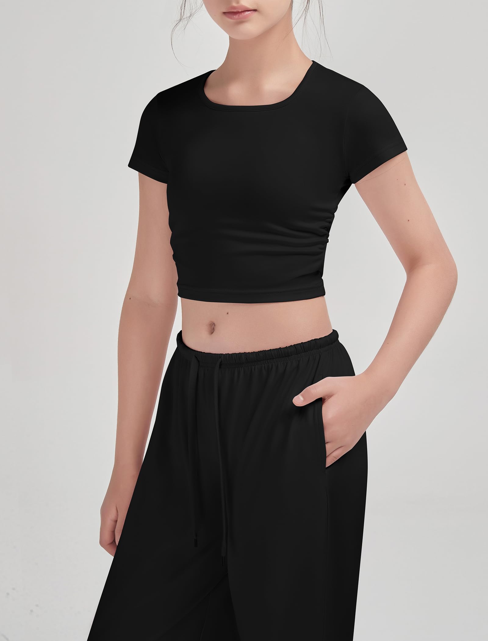 EXARUS Conjunto de 3 conjuntos de descanso para niñas, 2 piezas, fruncidos, manga corta, cordón, pantalones de pierna ancha con bolsillos