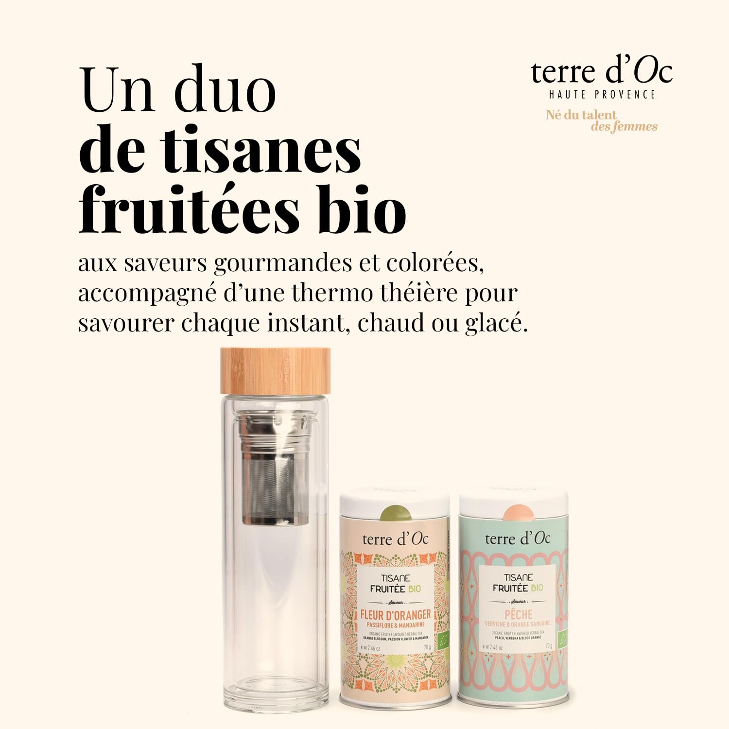 Terre d'Oc - Coffret 2 Tisanes Fruitées Bio + Gourde - Glacée ou Chaude