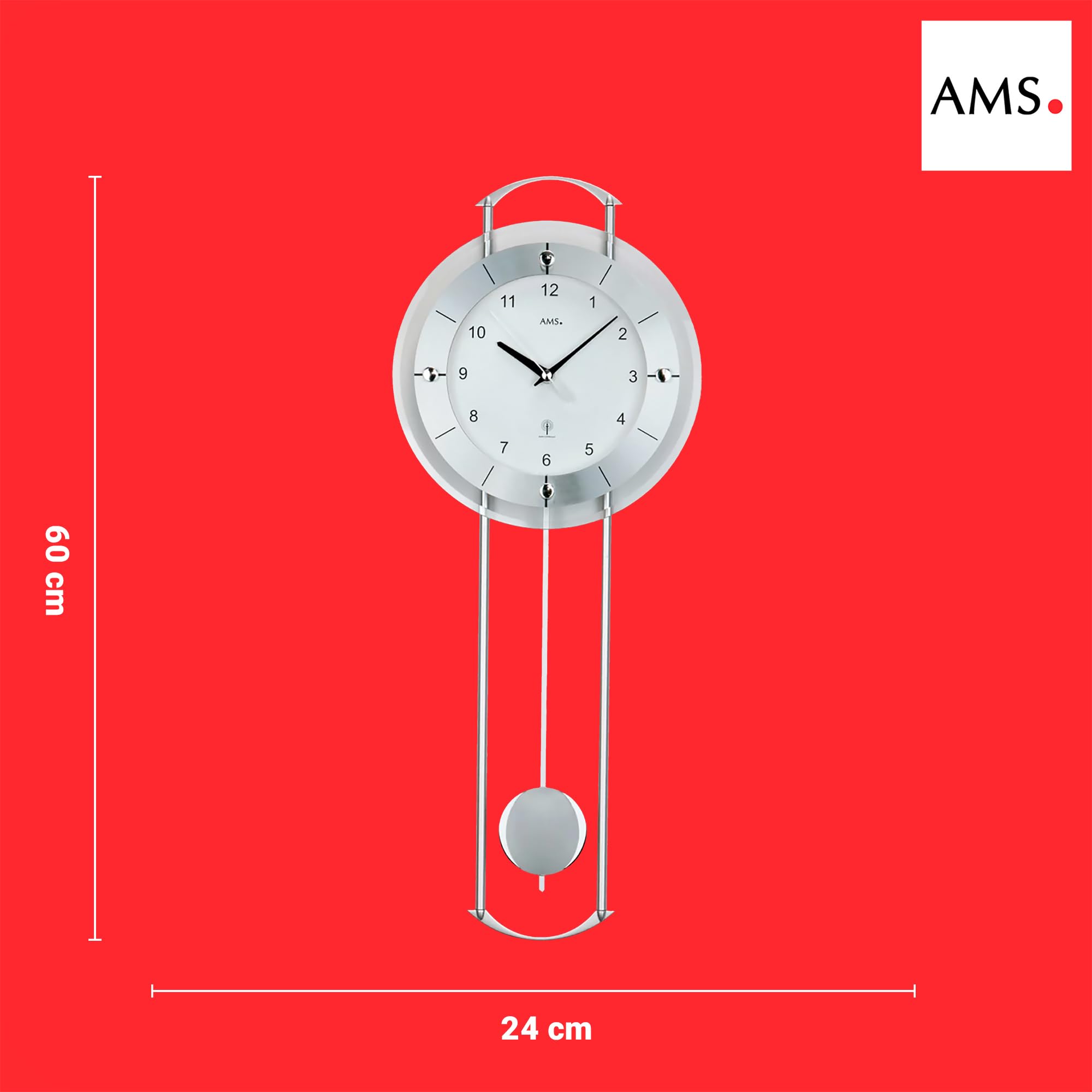 AMS Pendelwanduhr 5254, Funk, mit Silberlackierten Metallstäben, Aluminiumfrontreif und Mineralglas, Arabische Ziffern, 24 x 60 x 6 cm