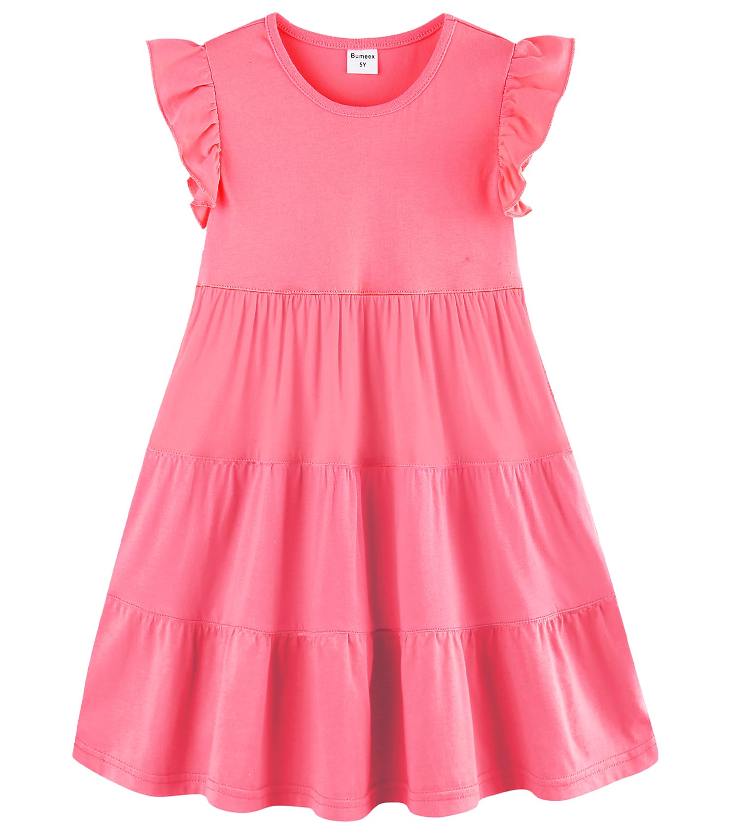 Bumeex Girl's Dresses Cotton Ruffle Sleeve Tiered Swing A-Line Cute Midi Casual Sundress