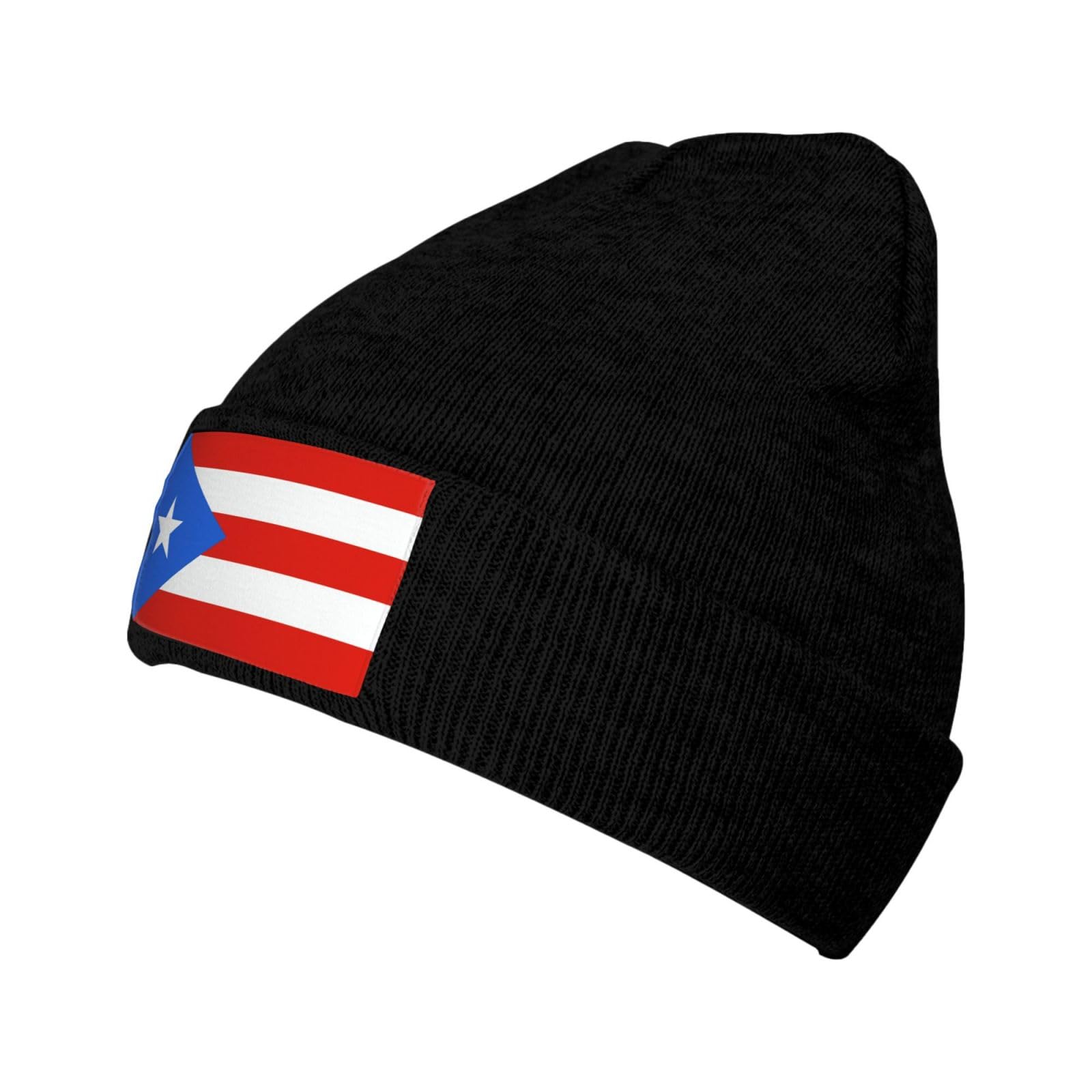 ZLKYSBU Puerto Rico Flag Beanie, Soft Winter Warm Unisex Adult Beanie Cap, Polyester Twill Fabric, Blue, Red, White, Black