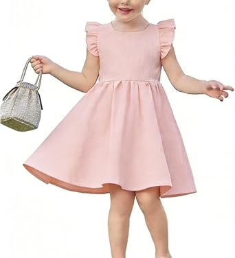 Toddler Baby Girl Dress Girls Cotton Linen Ruffle Sleeve Dresses Casual Sleeveless Party Dress Outfit for Little Kids