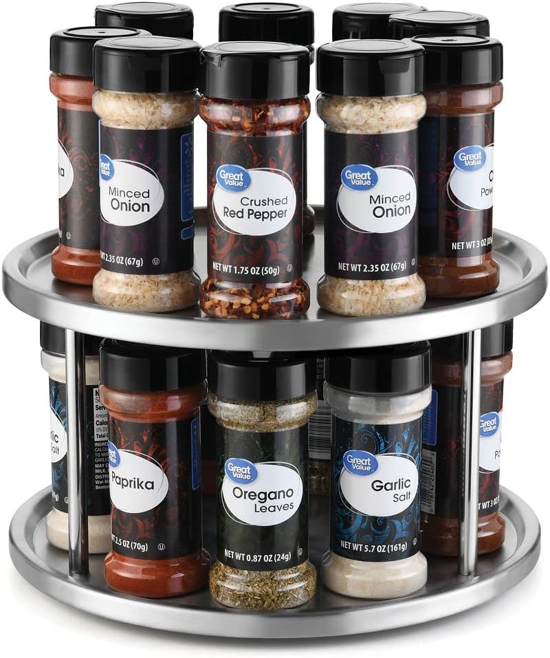 2 Tier Lazy Susan Stainless Steel 360 Degree Turntable Carousel Rotating Tabletop Stand for Dining Table, Kitchen Counters, Pantry, Cabinets – Spice Rack Organizer Tray - 10.5" Diameter
