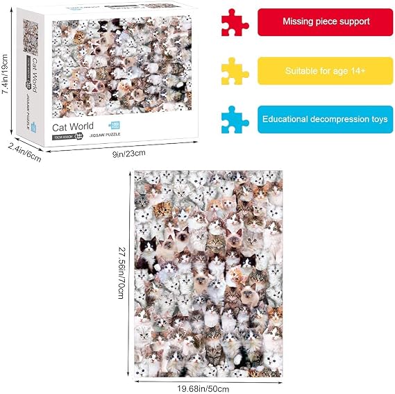 1000 Piece Adult Jigsaw Puzzle, Cute Kitten Collage Cat Puzzle | Fluffy Cat Breed Artwork Puzzle, Relaxing Brain Game for Adults, Home Wall Decor Gift for Cat Lovers and Puzzle Fans