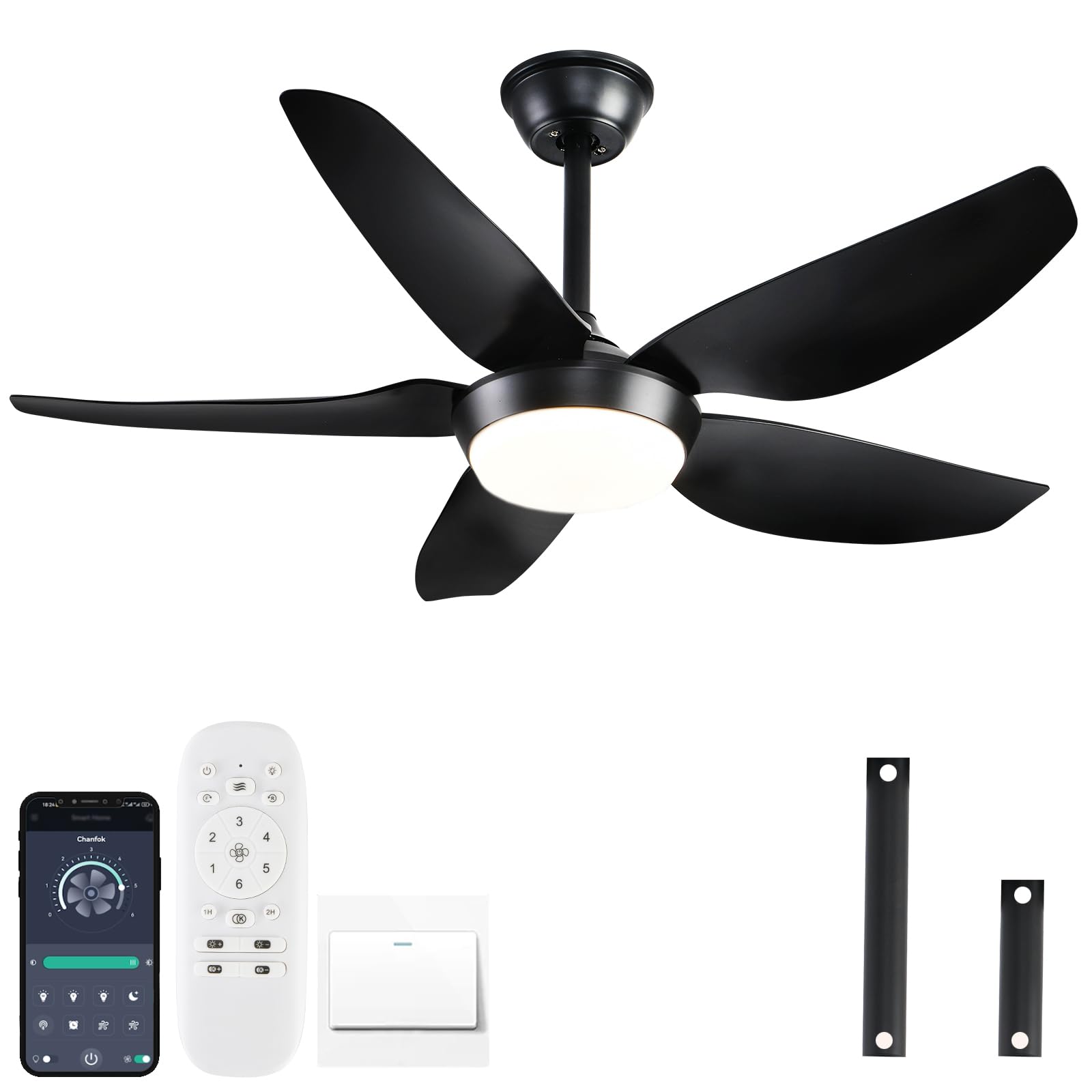 Ceiling Fan with Lights, 43 Inch Black Ceiling Fan with Lights and Remote/APP Control,3 Color Dimmable, DC Reversible Motor, 6 Speeds Adjustable, Noiseless, Indoor/Outdoor Use, Black