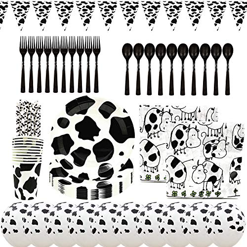 Platos Desechables y Vasos Cumpleaños BETOY 90 piezas Desechable Vajilla Accesorio Incluyendo Banner para Tema de la vaca Decoraciones de Ducha de Cumpleaños para Niños
