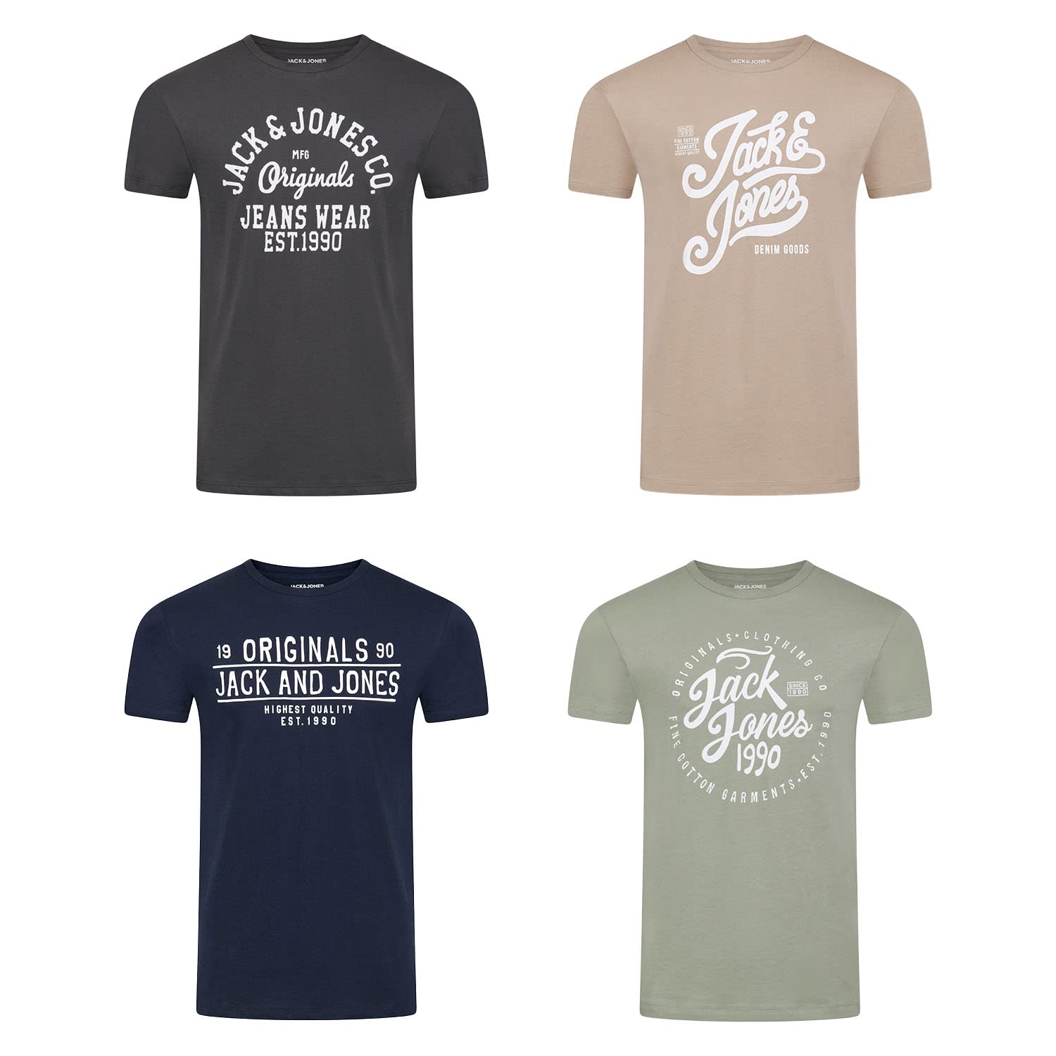 Jack & Jones JJLINO Camiseta, Paquete de 4 Unidades, Cuello Redondo, Manga Corta, Corte Regular, Estampado de Verano, 100% algodón