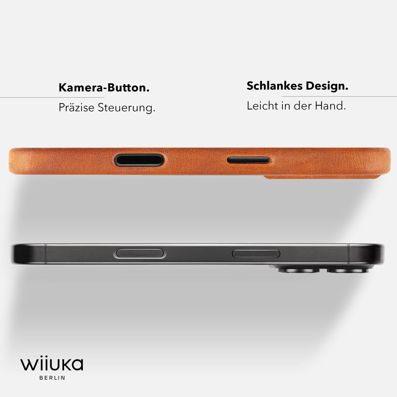 WIIUKA Hülle für iPhone 17, Leder aus Deutschland, Lederhülle extra Dünn, Premium Handyhülle, Case, Qi, skiin More, Vintage Cognac