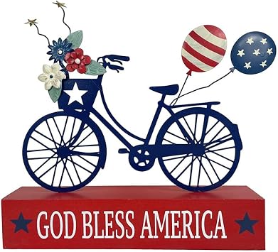 4th of July Decorations Patriotic Decor American Flag Balloon Bicycle Signs Memorial Day Decoration Farmhouse Wood Red White Blue Sign Fourth of July Tabletop Block Independence Day Table Decor God Bless America for Home Office Tiered Tray Shelf Mantel 250th Anniversary