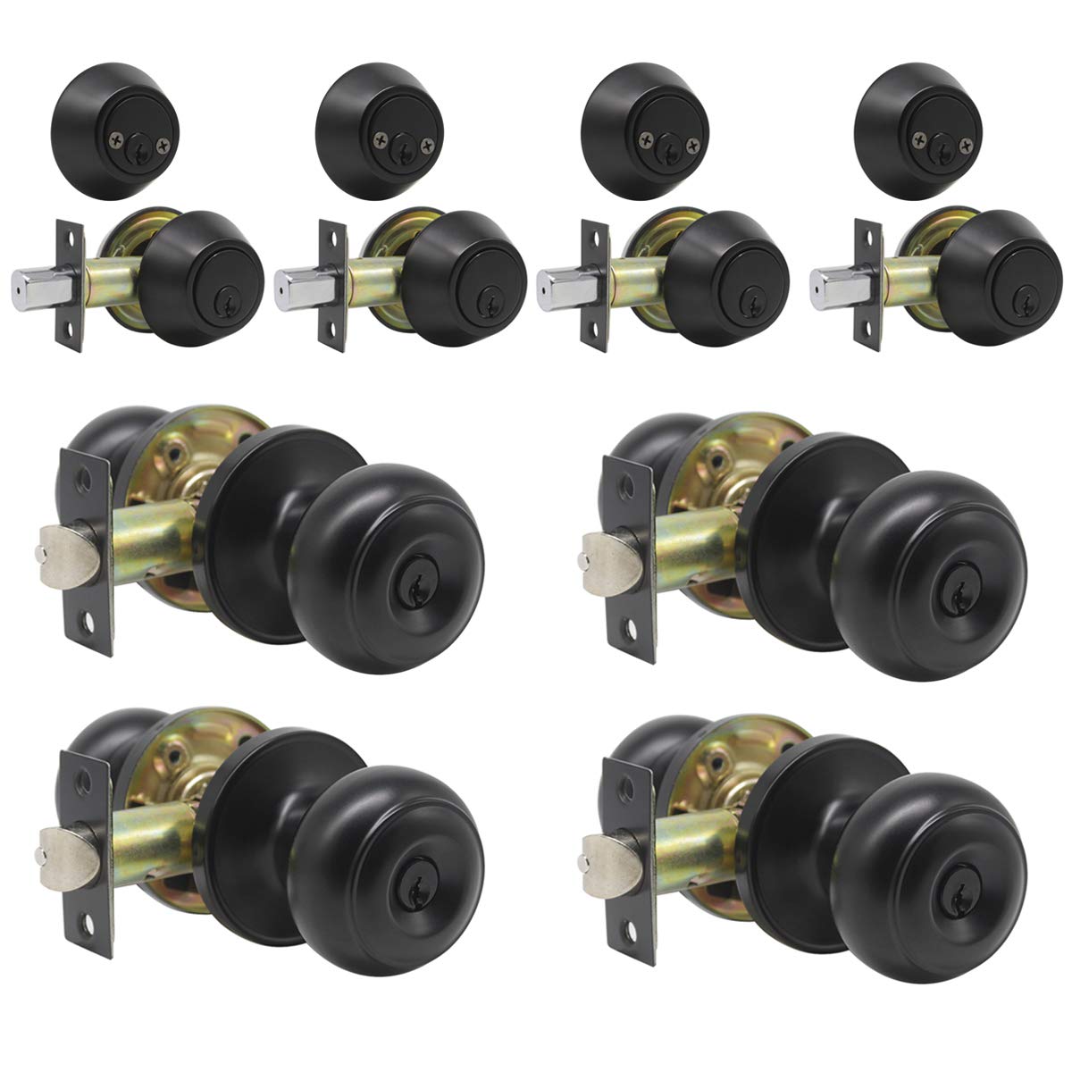 4 Pack Round Ball Style Keyed Entry Door Knobs and Double Cylinder Deadbolt, Door Locks with Deadbolts, Matte Black Lock Set (Keyed Alike)
