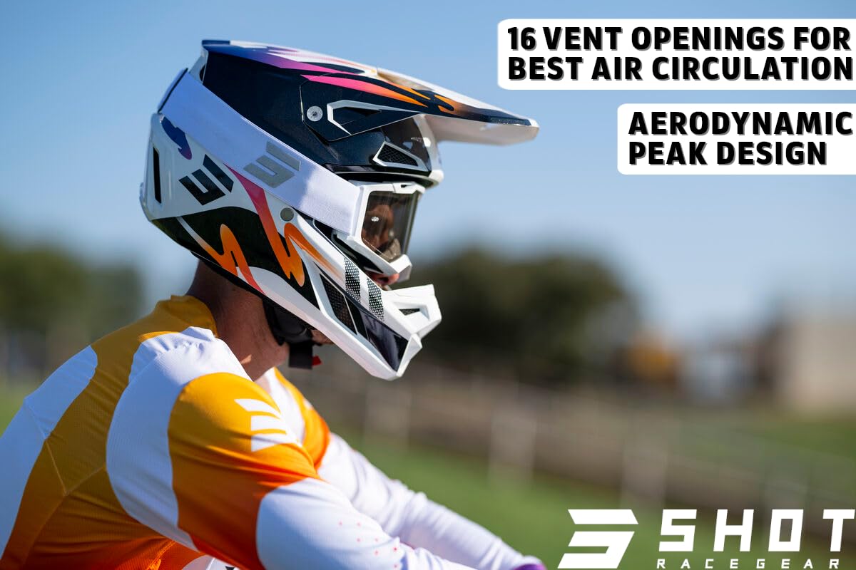 Shot Race Gear Kask motocrossowy certyfikowany ECE 22.06 – Kask crossowy z wzmocnionej skorupy SRS – 16 otworów dla efektywnego systemu wentylacji – Wyciągana wyściółka, z możliwością prania