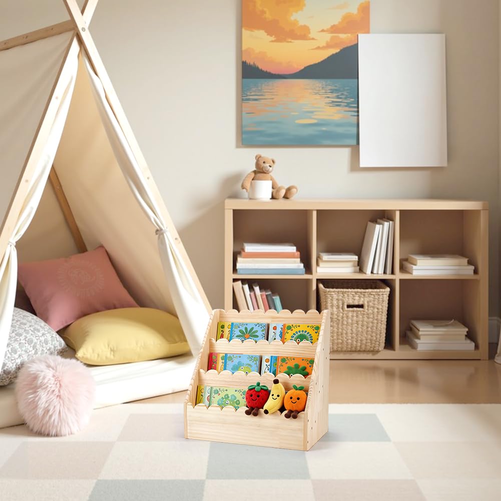 UNICRAFTALE Étagère à Livres en Bois à 3 Niveaux avec Bordure Festonnée Petite Bibliothèque en Bois 27x42x42cm de Faute Hauteur Rangement à Livres pour Tout Petits Détachable Organisateur de Bureau