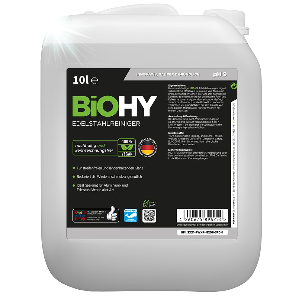 BiOHY Edelstahlreiniger (10 Liter Kanister) | Edelstahlpflege für streifenfreien Glanz | ideal für Küche, Töpfe oder Grill | Edelstahl reinigen in Gastronomie & Haushalt | pflegendes Putzmittel