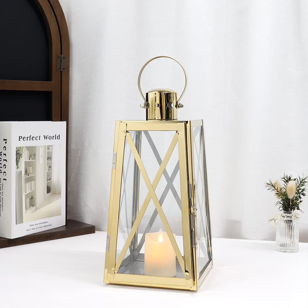 TRIROCKS Stainless Steel Decorative Lantern 12''High Metal Outdoor Candle Holder Hanging Candle Lantern with Tempered Glass for Home Wedding Living Room Parties Events Indoor Outdoor(Gold Trapezoidal)