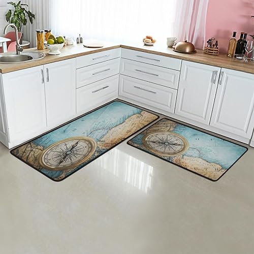Miniatura 1 de GUYOS Tapete de cocina con patrones de mapa del mundo vintage 2 piezas y alfombras acolchadas antifatiga de 47 x 17 pulgadas29 x 17 pulgadas,