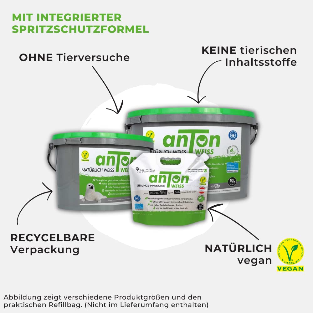 Anton Weiss® Qualitäts Wand/Deckenfarbe weiss | 5L | geruchsfrei & atmungsaktiv | 40m² | Mineralfarbe matt | höchste Deckkraft | beugt Schimmel vor | für alle Wohnräume und Allergiker | Vegan