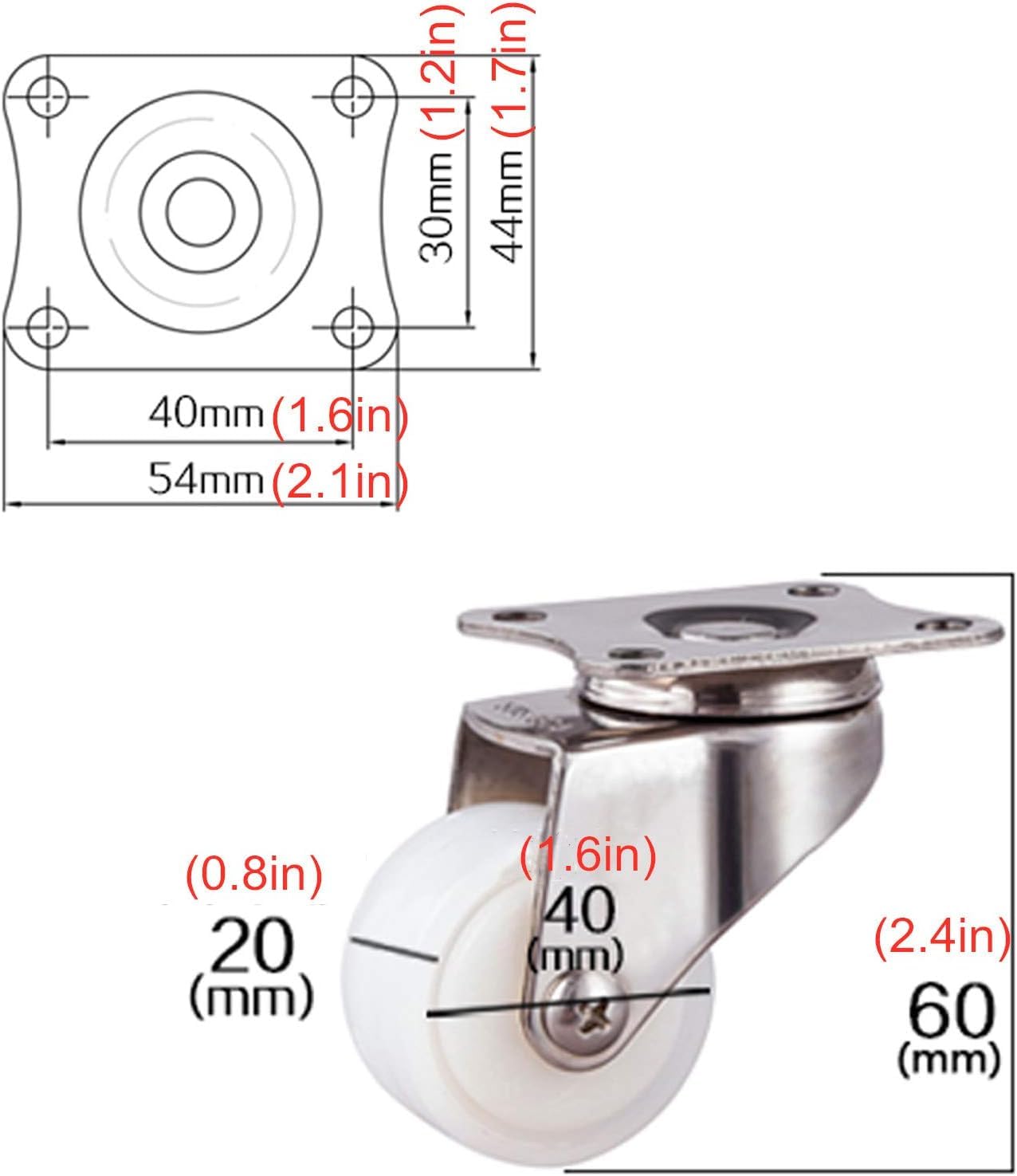 Ruote girevoli, Ruote girevoli per Piccoli mobili, Ruote girevoli con Piastra Girevole, Ruote girevoli per carrelli mobili, Ruote silenziose a 360 Gradi (Standard, 40 mm)