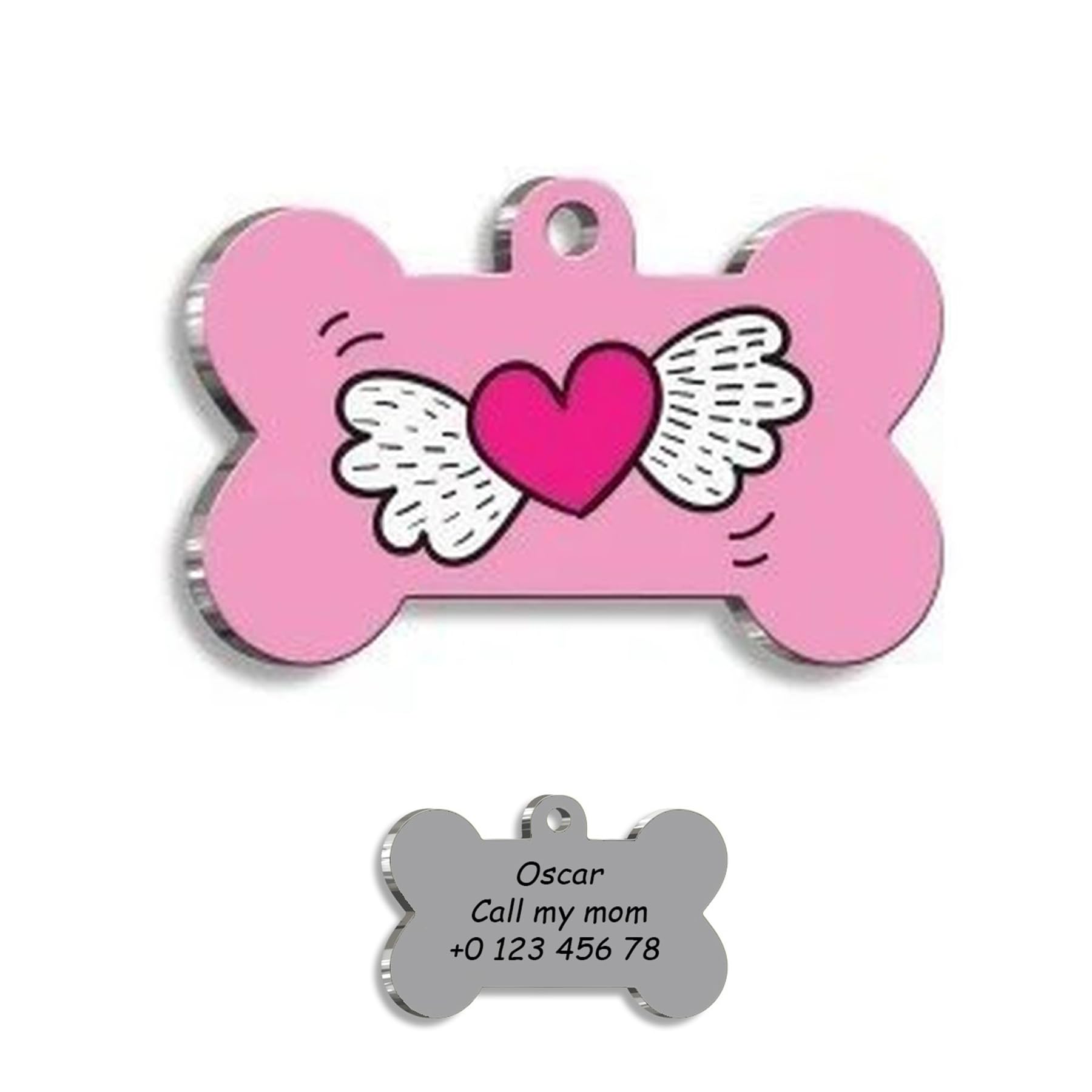 Pink Heart Angel Wings Personalized Dog Tag - Custom Name Tag - ID Tag for Dog & Cat - Customized Pet Tags - Dog & Cat Name id Tag - Dog Name Tag - Engraved Dog Tag