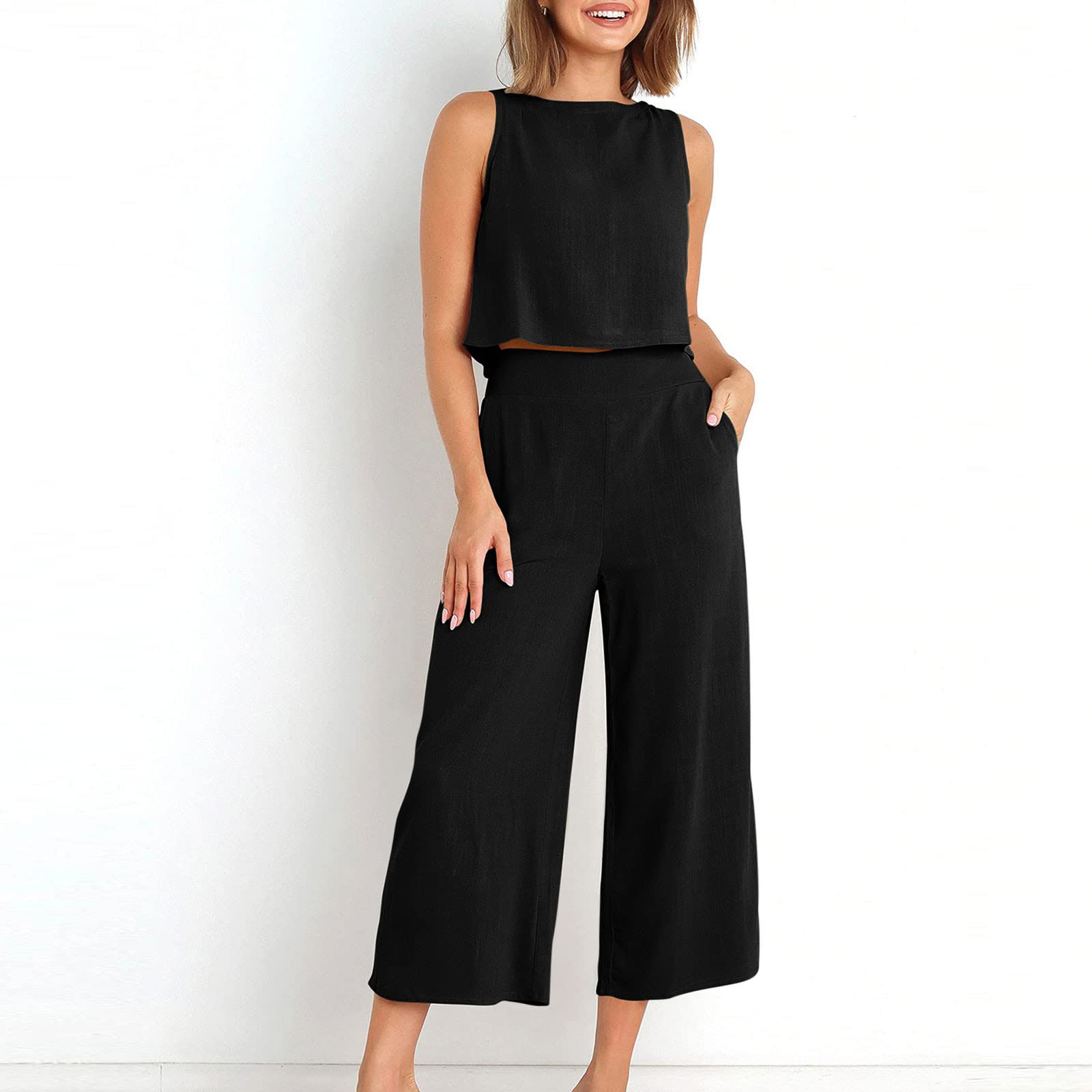 Traje de muselina para mujer, de verano, camiseta y pantalón de dos piezas, elegante, de algodón, lino, para correr, elegante, para negocios, informal, ligero, aireado