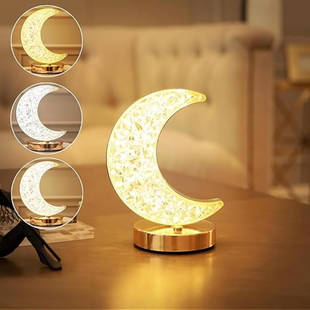 Ramadan Moon Table Lamp,3 Colors Modes Touch Lunar Lamp, Crystal Table Lamp with Stepless Dimmable Cute Night Light for Kids Girls Room, Bedroom,Ramadan Decorations