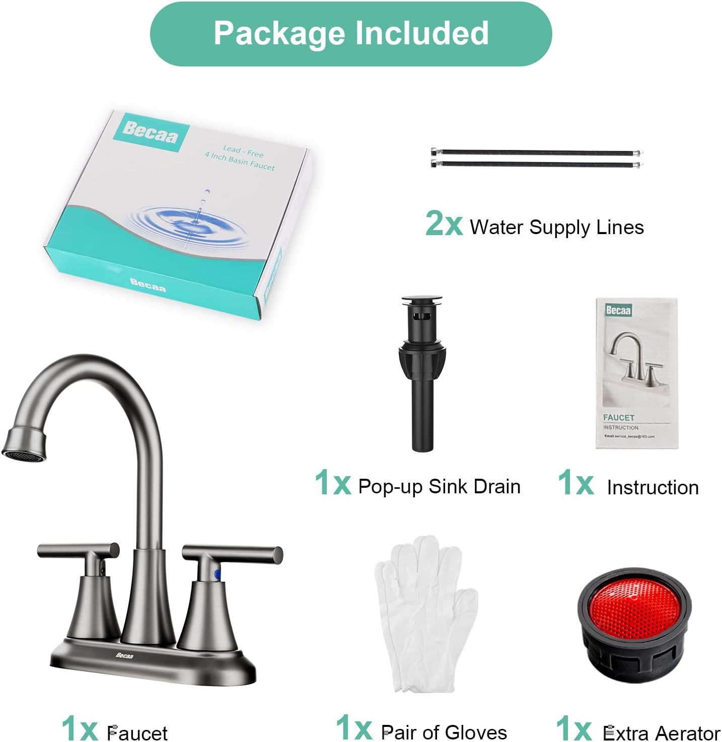 Gold 4 Inch Bathroom Faucets for Sink 3 Hole, Faucet for Bathroom Sink with Pop-up Drain & Supply Hoses, 2-Handle 360 Swivel Spout Stainless Steel Lead-Free, Centerset Faucet for Vanity Lavatory