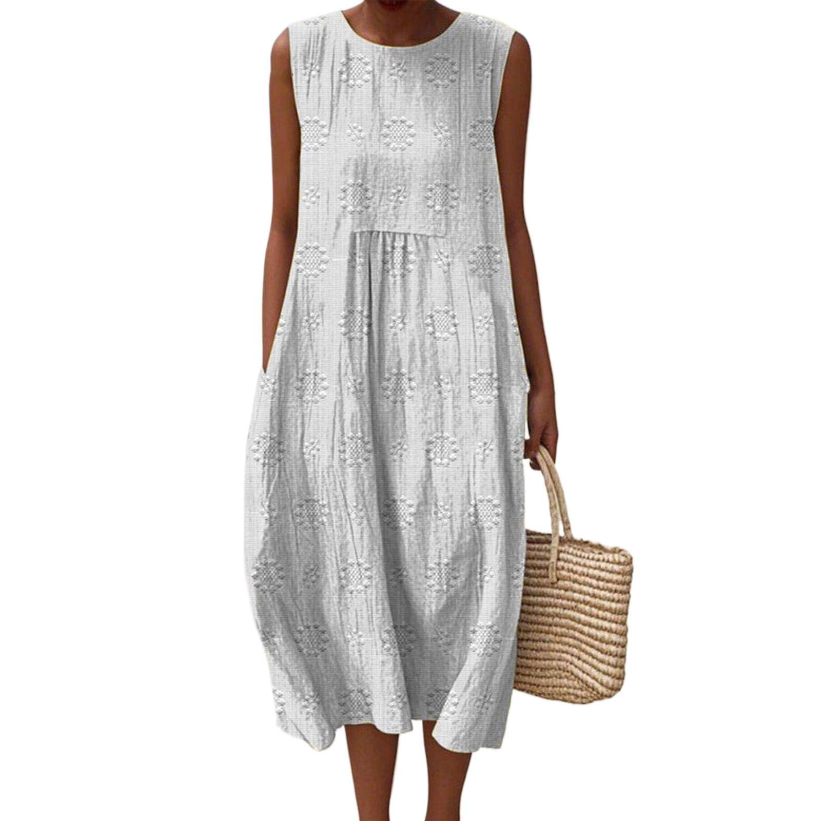 Robe Lin Femme D'été Coton Grande Taille Bohème Chic Vacances Trapèze Longue Décontractée sans Manches Élégante Plage Mi Fluide Fleurie Vêtements Rondes Fête Légère Vintage A-Line Poches Midi