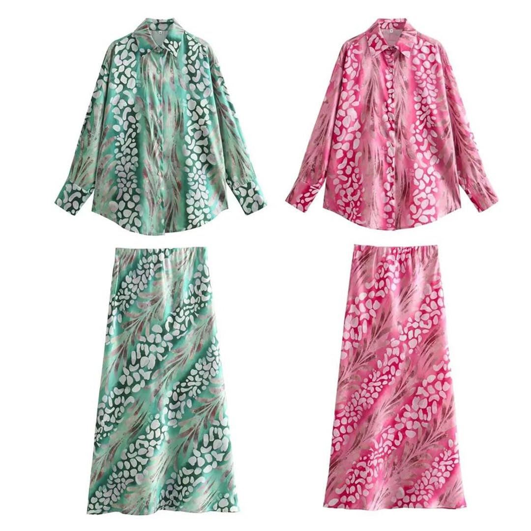 Primavera Prodotto En's ed Elegance Seta Texture Stampata Camicia Vita Alta Gonna Set