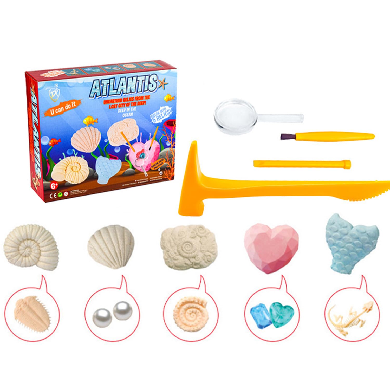 Pirate Treasures Dig Kit with 5 Bricks Digging Tools STEM Archaeology Paleontology Educational Science Birthday for Boys Girls Students