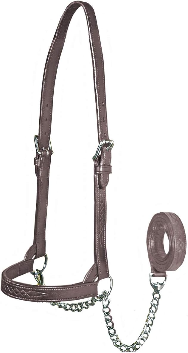 Derby Originals Premium Fancy Stitch Flat Leather Cattle Show Halter – Adjustable Fit with 48" Lead and 14" Chain, Small/Medium/Large – 1-Year Warranty