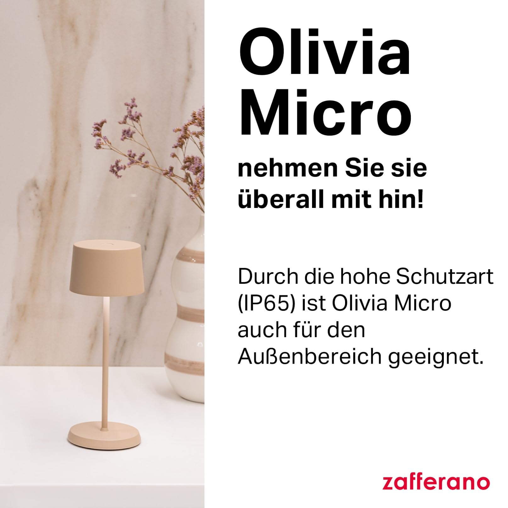 Zafferano, Olivia Micro Lampe, Kabellose, Wiederaufladbare Tischlampe mit Touch Control, Auch für den Außenbereich Geeignet, Dimmer, 2200-3000 K, Höhe 20 cm, Farbe Weiß