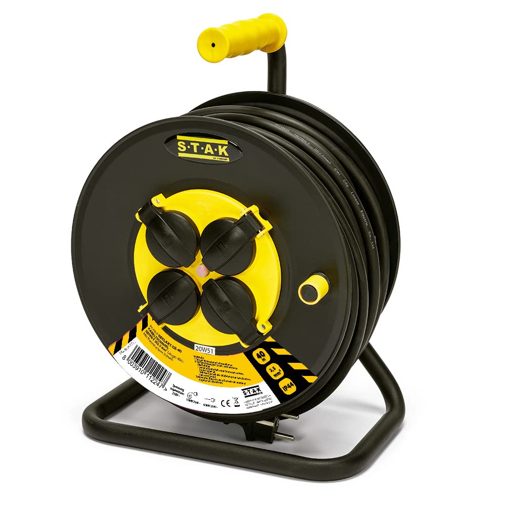 Enrouleur de câble électrique professionnel, 4 prises et fiche Schuko, H07RN-F3G2.5MM2, 40M, GS (TUV), IP44.