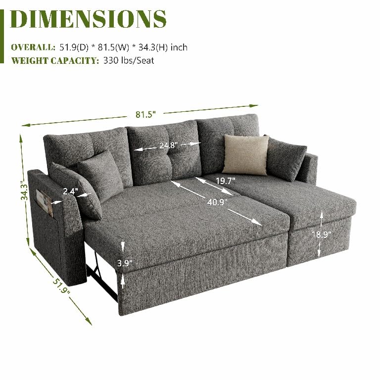 Image of Huatean Home Sleeper Sofa Couch, 2 in 1 Sectional Sleeper Couch Bed with Side Pocket, Pullout Sofa Bed with Storage Chaise for Living Room, Dark Grey