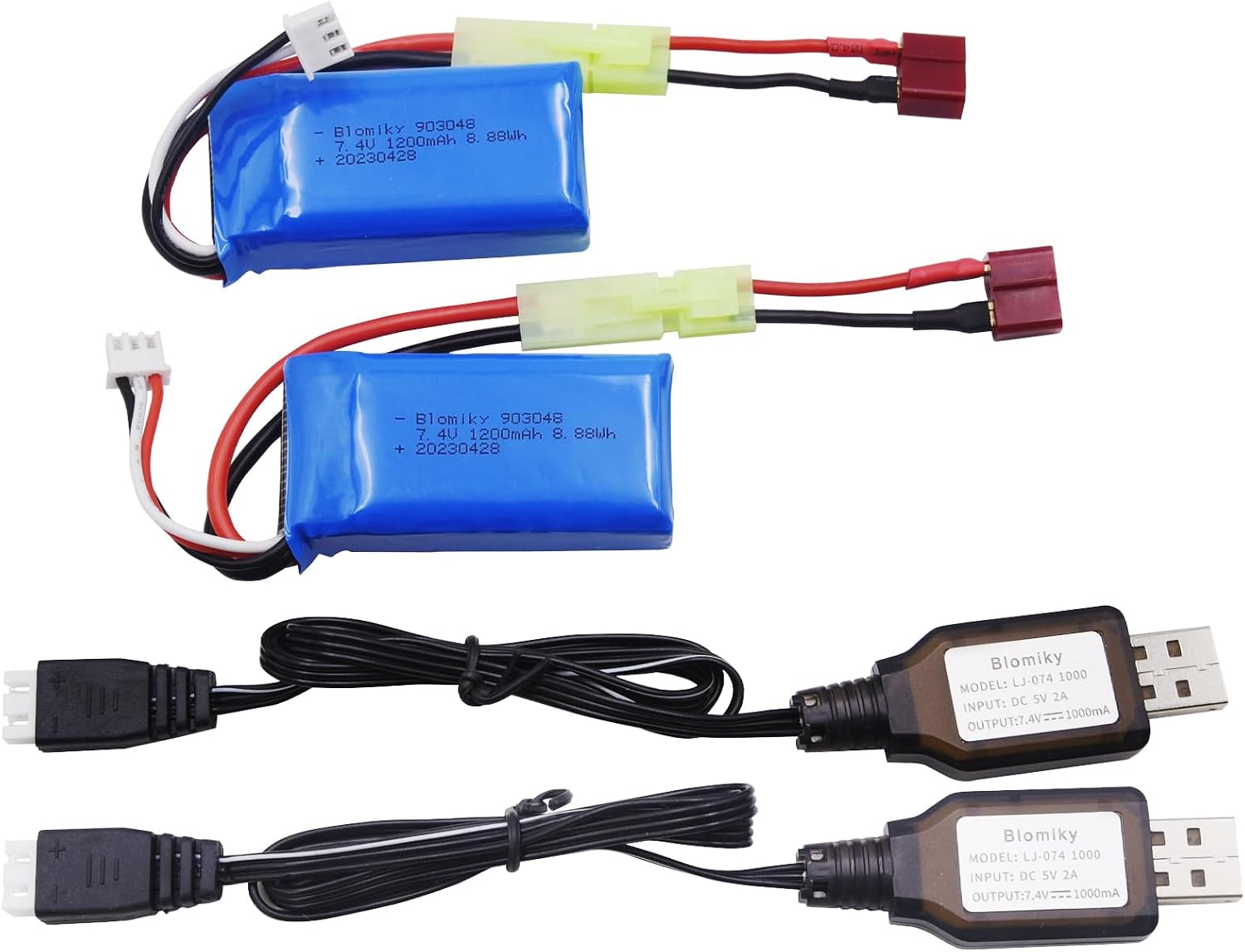 Blomiky 2 Pack 7.4V 1200mAh 8.88Wh Li-PO Battery and 2 USB Charger Cable Replacement for 1/18 Scale 9310YL 9300 9301E 9302E 9303E 9304E 9305E RC Truck / 9300 1200 2