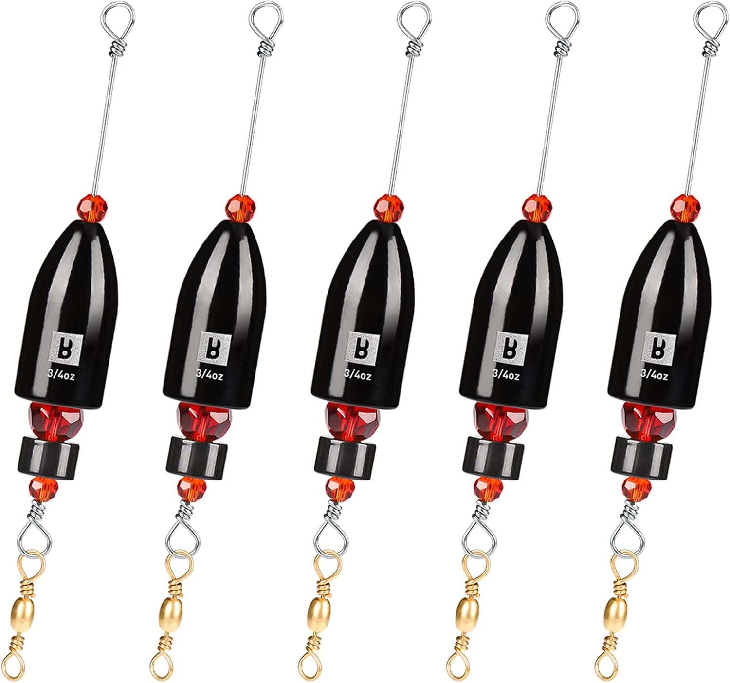 Booms Fishing CRR Carolina Ready Rigs for Bass Fishing Saltwater, 5pcs Brass Pre-Rigged Kit, Fishing Weights Bullet Weights Keeper, 4 Sizes 1/4oz 1/2oz 3/4oz 1oz