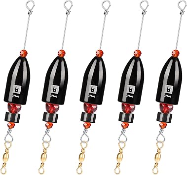 Booms Fishing CRR Carolina Ready Rigs for Bass Fishing Saltwater, 5pcs Brass Pre-Rigged Kit, Fishing Weights Bullet Weights Keeper, 4 Sizes 1/4oz 1/2oz 3/4oz 1oz