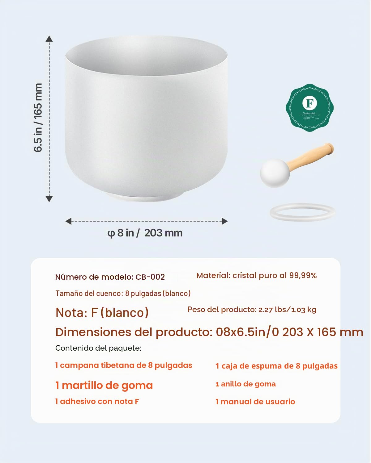 VEVOR Cuenco de Cristal, con Nota F para el Chakra del Corazón, con Mazo de Goma y Junta Tórica, Perfecto para Meditación, Yoga, Baños de Sonido, Sanación con Sonido, 203 x 203 x 165 mm, Blanco