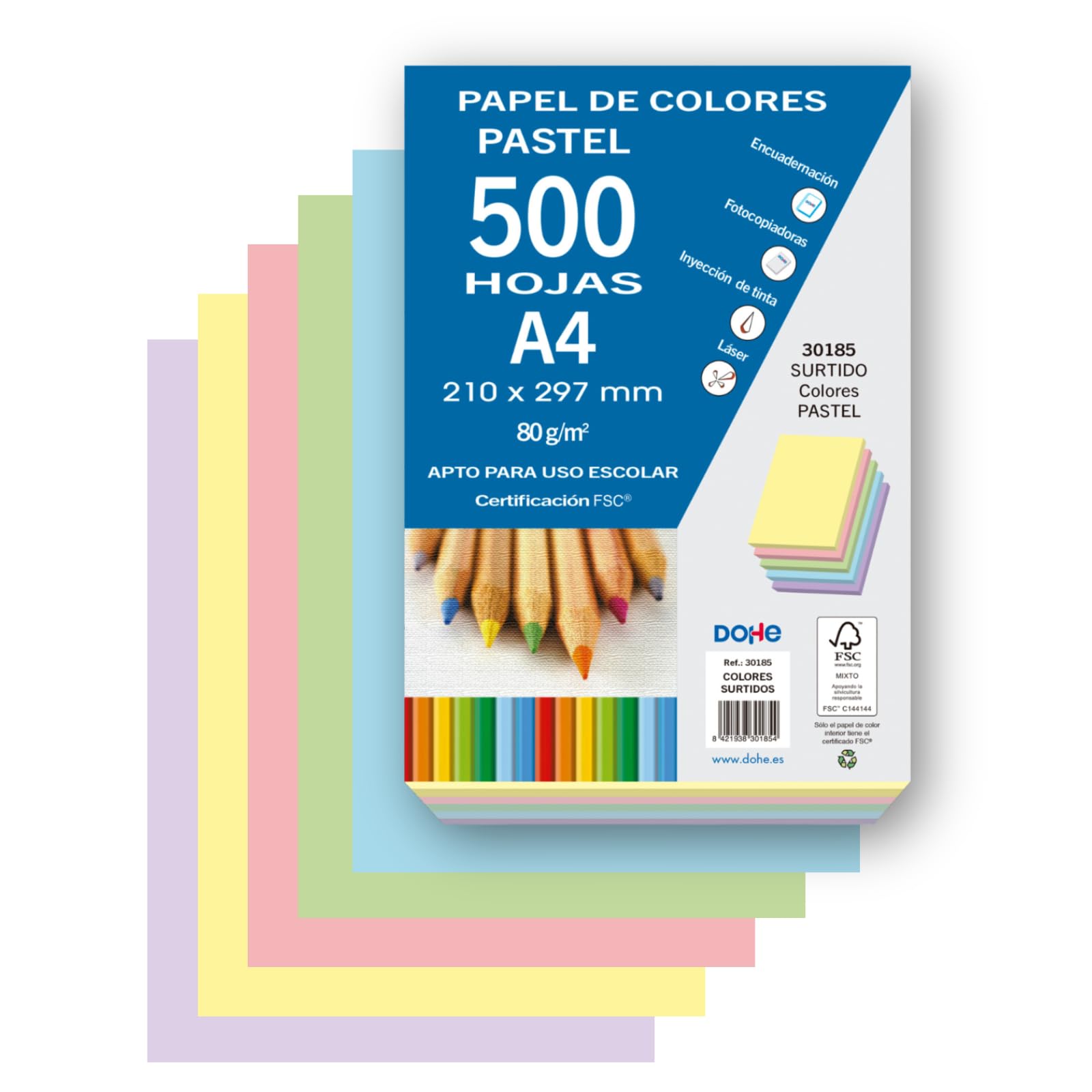 Dohe - Pastel Colored Sheets (500 pcs) - 5 Assorted Colors, A4 Paper (21x29.7 cm), 80 GSM Thickness, Sheets for Printing, Drawing, Crafts, Decoration, Binding