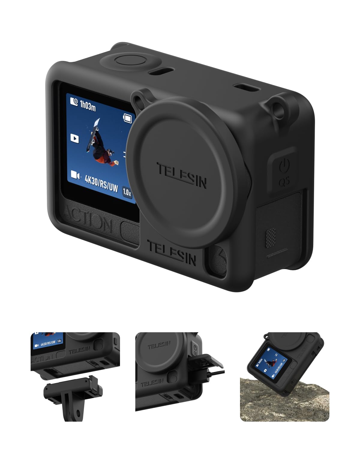 TELESIN Custodia protettiva in silicone per DJI Osmo Action 6, con copriobiettivo e cordino, antigraffio, lavabile, antiscivolo, antipolvere, per action camera DJI Action 6, accessori (nero)