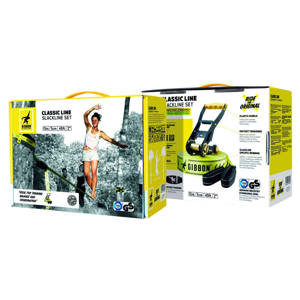 Gibbon Slacklines Classic Line, Gelb, 15 Meter (12,5m Band + 2,5m Ratschenband), inkl. Ratschenschutz, Breite 2"/5cm