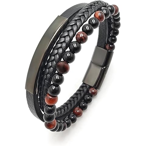 Mens Tiger Eye Matte Black Onyx Bracelet Multilayer Black Braided Genuine Leather B...