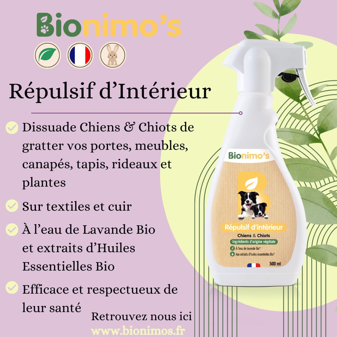 Spray Répulsif Intérieur, Anti-grattages/griffes Chiens & Chiots, Naturel et Végétal (Portes, canapés tissu et cuir, tapis, rideaux, plantes). Eau Lavande Bio & Huiles Essentielles Bio. 100% Français.