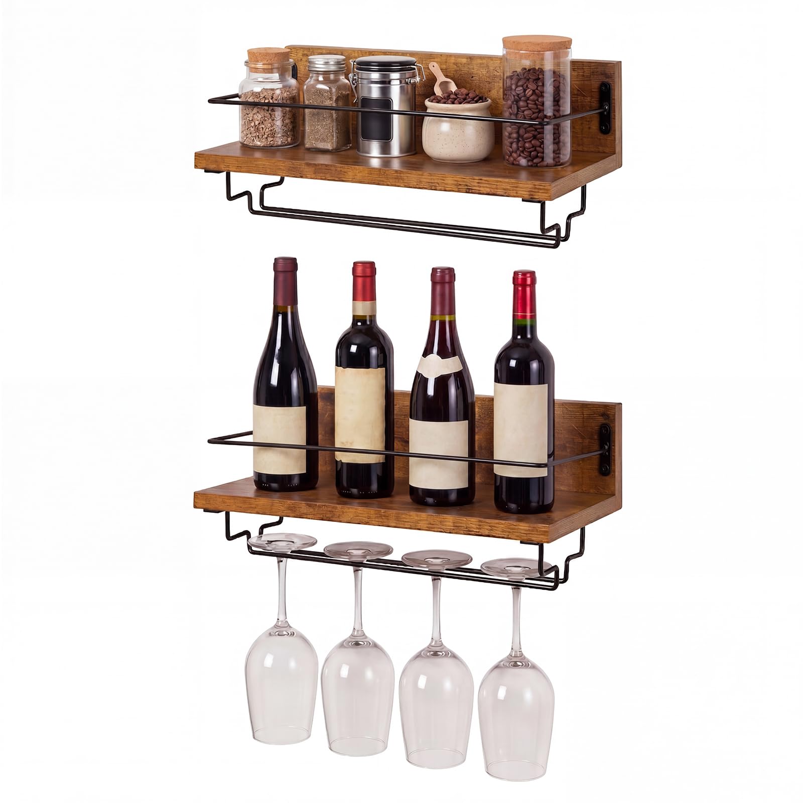Levede Wall Mounted Wine Rack Set of 2, Wooden & Metal Wine Rack with Stemware Glass Holder, 2 Tier Wall Wine Rack for Home Bar, Kitchen, Dining Room, Holds Wine Bottles & Glasses, Brown Black