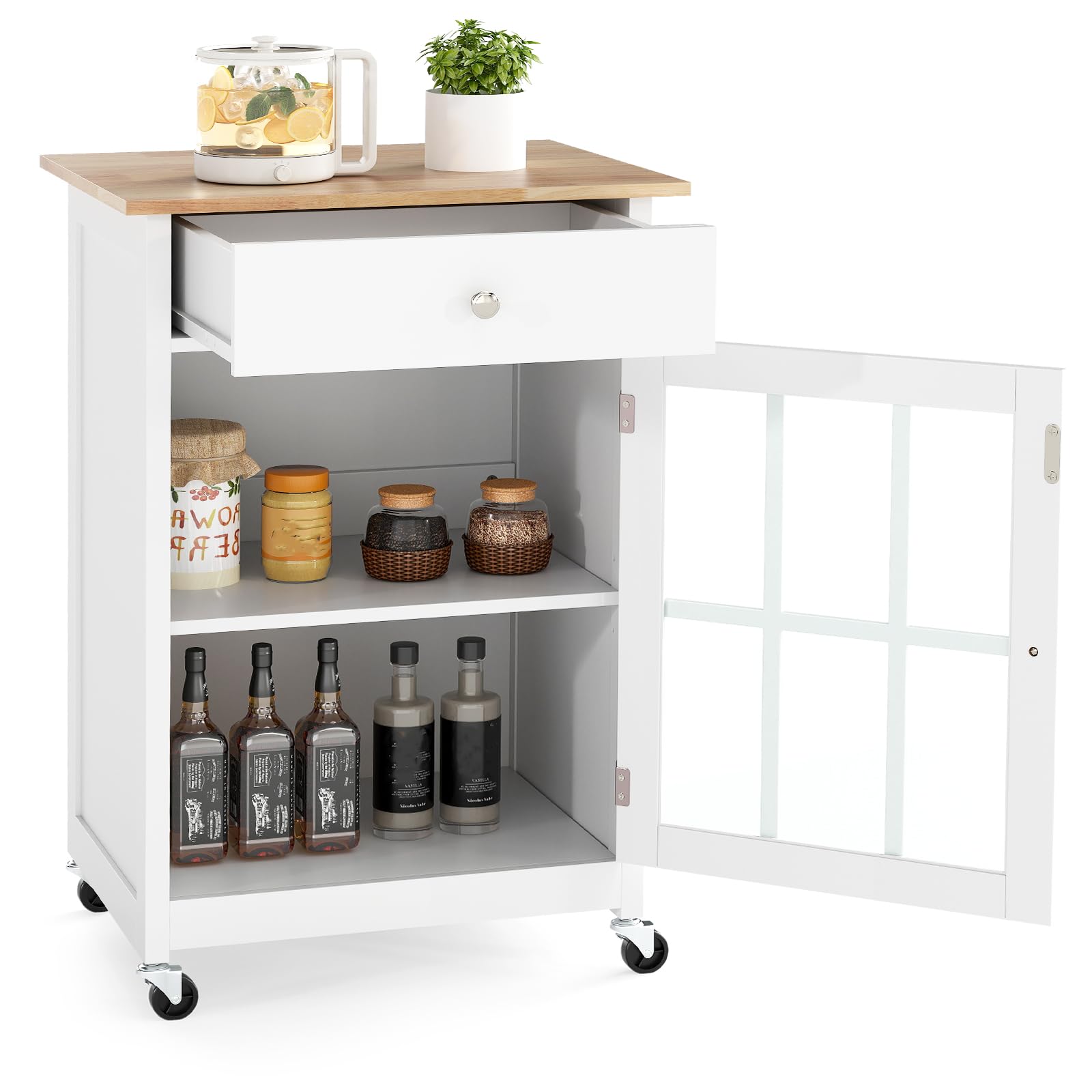 COSTWAY Carrito de Cocina, Isla de Cocina con 4 Ruedas, Tablero de Madera de Caucho, Cajón, Toallero, Estante Ajustable de 3 Niveles, Puerta de Vidrio Templado, Carro de Servicio para Comedor
