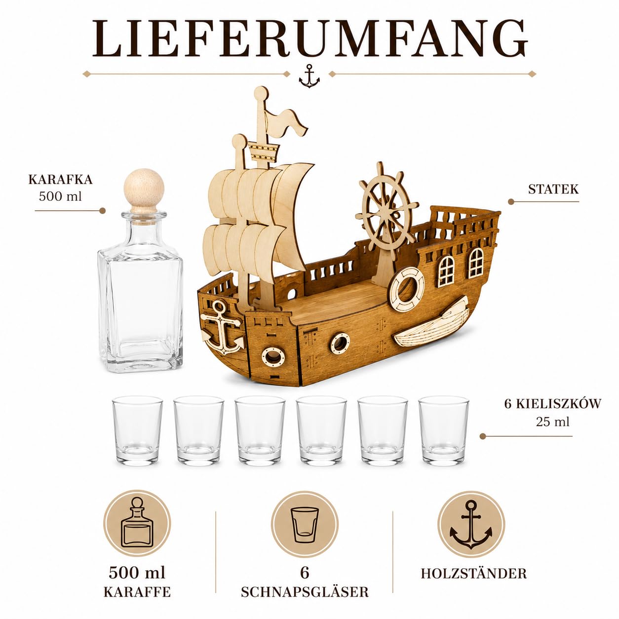 Schiff mit Karaffe & 6 Gläsern – Geschenk für Männer | Piraten-Deko aus Holz | Barzubehör für Schnaps, Wodka, Whisky | Vatertag, Geburtstag, Papa
