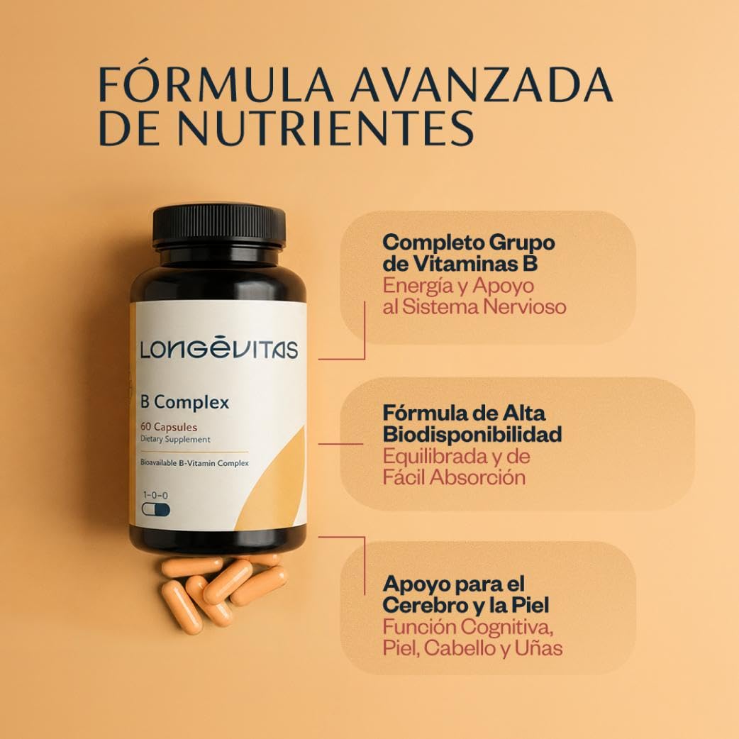 Longévitas Complejo Vitamínico B, Metilcobalamina y 5-MTHF, 2 Meses | Energía, sistema nervioso y concentración mental, Piel, cabello y uñas, España, ISO9001 y BRC Food